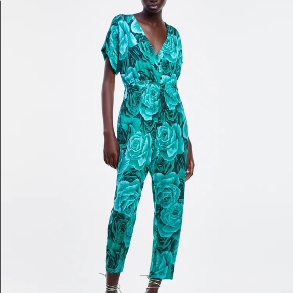 Zara Floral Botanical Rose Motif Teal / Emerald Jumper - Picture 2 of 9